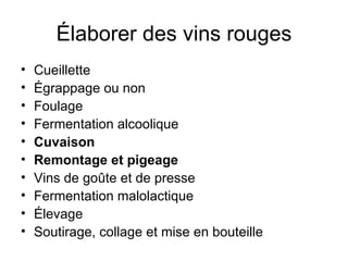 Élaborer des vins rouges Cueillette Égrappage ou non Foulage Fermentation alcoolique Cuvaison Remontage et pigeage Vins de goûte et de presse Fermentation malolactique Élevage Soutirage, collage et mise en bouteille 