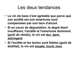 Les deux tendances Le vin de base n'est agréable que parce que son acidité est son amertume sont compensées par son taux d'alcool. Si en cours de dégustation, le degré étant insuffisant, l'acidité et l'amertume dominent (goût de résidu), le vin est  dur, âpre, astringent . Si l'acidité et les tanins sont faibles (goût de distillat), le vin est  souple, lourd, mou .   