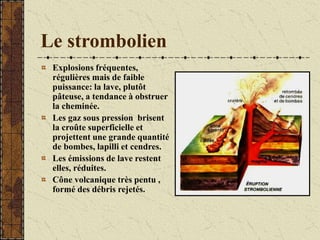 Le strombolien
Explosions fréquentes,
régulières mais de faible
puissance: la lave, plutôt
pâteuse, a tendance à obstruer
la cheminée.
Les gaz sous pression brisent
la croûte superficielle et
projettent une grande quantité
de bombes, lapilli et cendres.
Les émissions de lave restent
elles, réduites.
Cône volcanique très pentu ,
formé des débris rejetés.
 