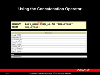 1-19 Copyright © Oracle Corporation, 2001. All rights reserved.
Using the Concatenation Operator
SELECT last_name||job_id AS "Employees"
FROM employees;
…
 