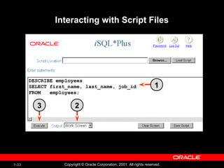 1-33 Copyright © Oracle Corporation, 2001. All rights reserved.
Interacting with Script Files
DESCRIBE employees
SELECT first_name, last_name, job_id
FROM employees;
1
23
 