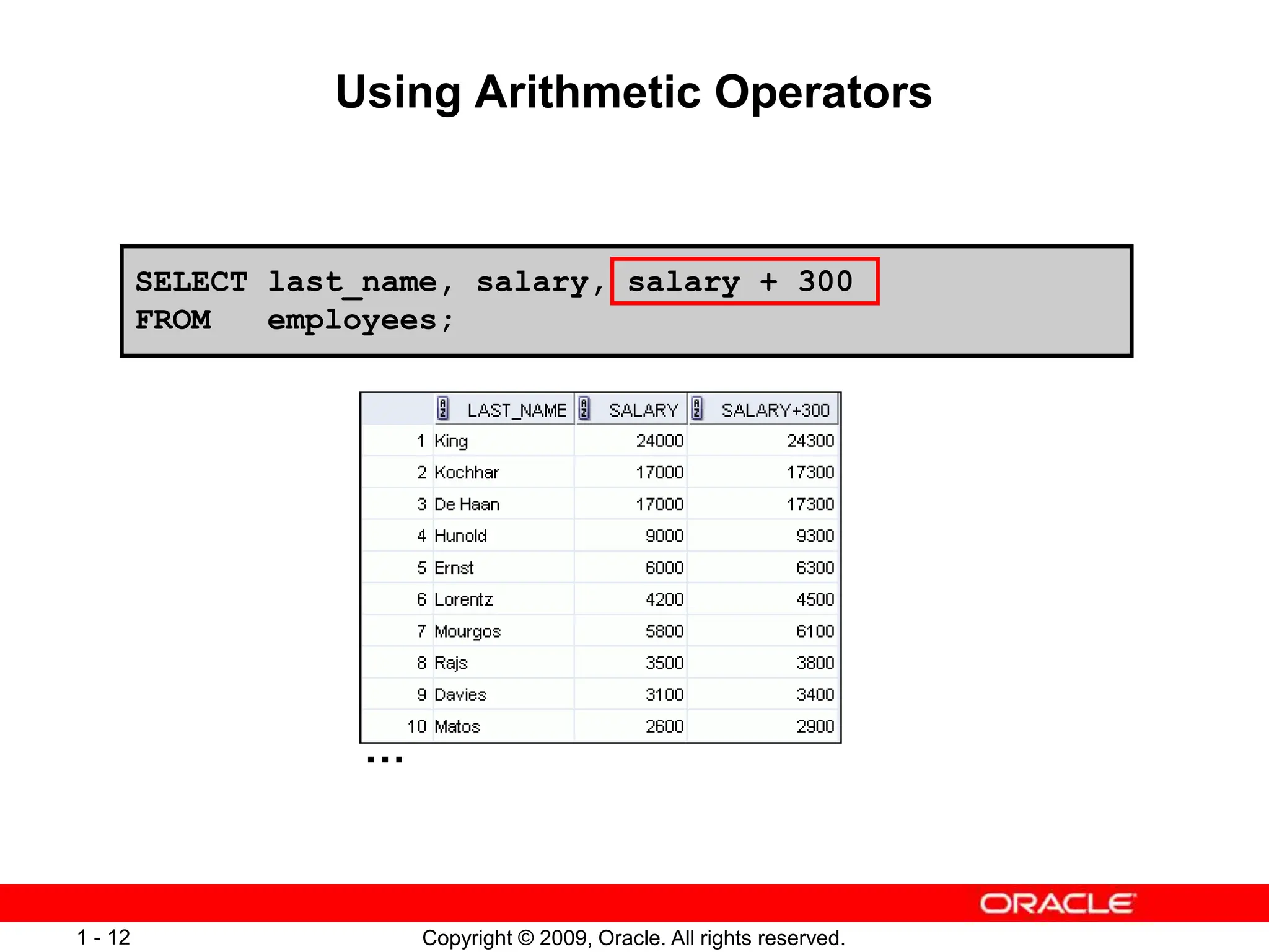 Copyright © 2009, Oracle. All rights reserved.
1 - 12
SELECT last_name, salary, salary + 300
FROM employees;
Using Arithmetic Operators
…
 