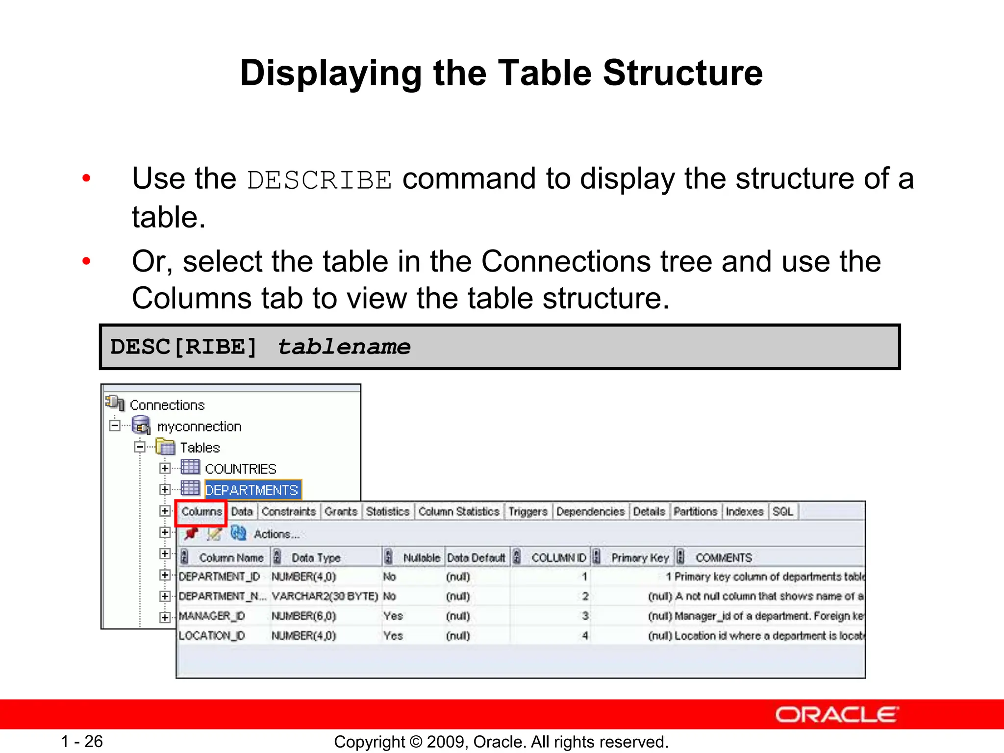 Copyright © 2009, Oracle. All rights reserved.
1 - 26
Displaying the Table Structure
• Use the DESCRIBE command to display the structure of a
table.
• Or, select the table in the Connections tree and use the
Columns tab to view the table structure.
DESC[RIBE] tablename
 