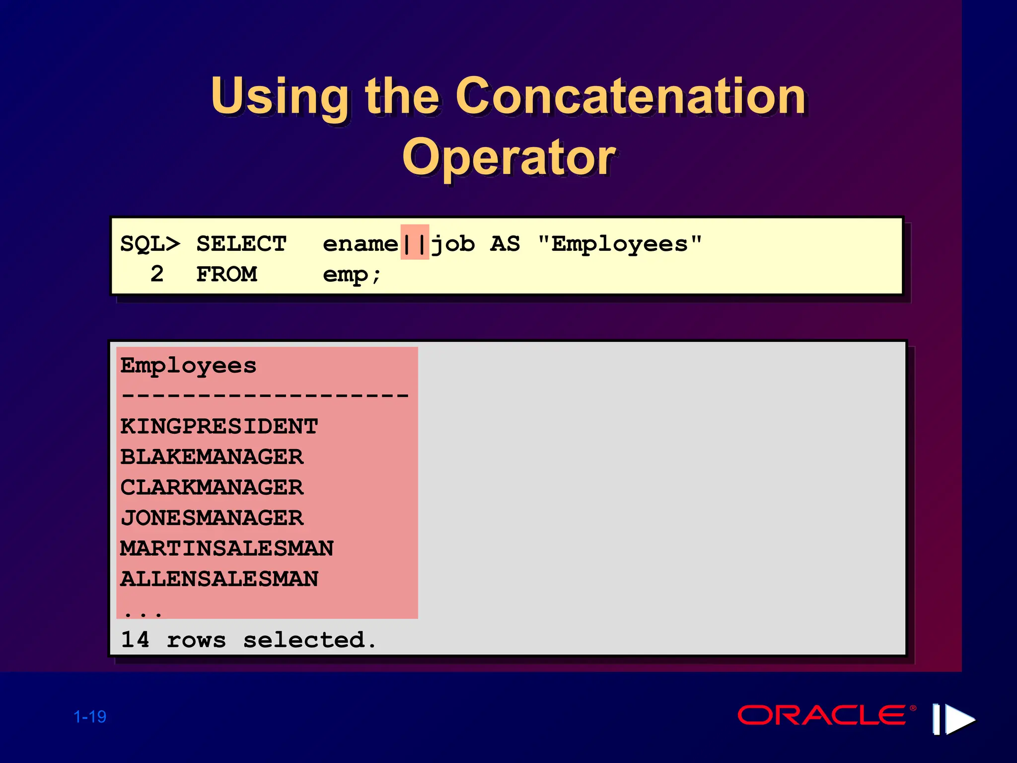 1-19 Using the Concatenation Operator SQL> SELECT ename||job AS "Employees" 2 FROM emp; Employees ------------------- KINGPRESIDENT BLAKEMANAGER CLARKMANAGER JONESMANAGER MARTINSALESMAN ALLENSALESMAN ... 14 rows selected. 
