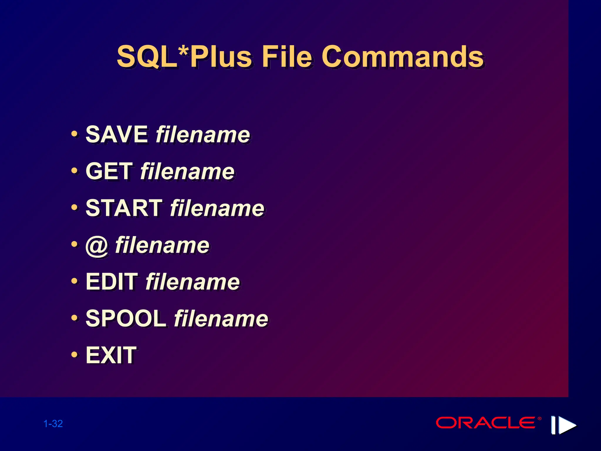 1-32 SQL*Plus File Commands • SAVE filename • GET filename • START filename • @ filename • EDIT filename • SPOOL filename • EXIT 