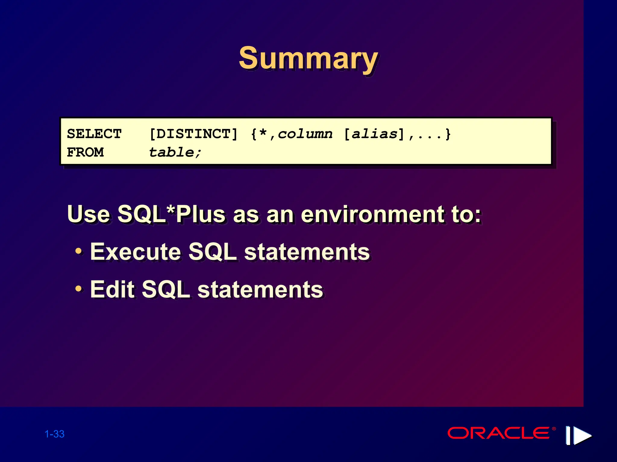 1-33 Summary Use SQL*Plus as an environment to: Use SQL*Plus as an environment to: • Execute SQL statements • Edit SQL statements SELECT [DISTINCT] {*,column [alias],...} FROM table; 