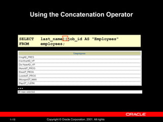 1-19 Copyright © Oracle Corporation, 2001. All rights
Using the Concatenation Operator
SELECT last_name||job_id AS "Employees"
FROM employees;
…
 