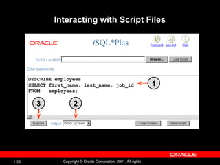 1-33 Copyright © Oracle Corporation, 2001. All rights
Interacting with Script Files
DESCRIBE employees
SELECT first_name, last_name, job_id
FROM employees;
1
2
3
 