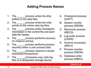 Copyright © 2009, Oracle. All rights reserved.
1 - 13
Adding Process Names
1. The ______process writes the dirty
buffers to the data files.
2. The ______process writes the redo
entries to the online redo log files.
3. The ______process writes checkpoint
information in the control file and each
data file header.
4. The ______process performs recovery
on instance startup.
5. The ______process performs process
recovery when a user process fails.
6. The ______process resolves in-doubt
distributed transactions.
7. The ______processes copy redo log
files to a designated storage device.
A. Checkpoint process
(CKPT)
B. System monitor
process (SMON)
C. Recoverer process
(RECO)
D. Log writer process
(LGWR)
E. Archiver processes
(ARCn)
F. Process monitor
process (PMON)
G. Database writer
process (DBWn)
 