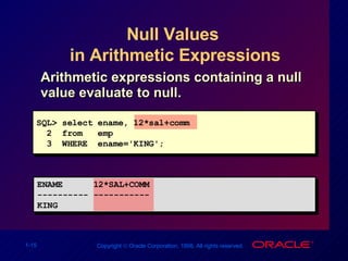 Null Values  in Arithmetic Expressions Arithmetic expressions containing a null value evaluate to null. SQL> select ename, 12*sal+comm  2  from  emp 3  WHERE  ename='KING'; ENAME  12*SAL+COMM  ---------- ----------- KING 