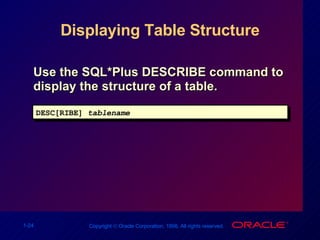 Displaying Table Structure Use the SQL*Plus DESCRIBE command to display the structure of a table. DESC[RIBE]  tablename 
