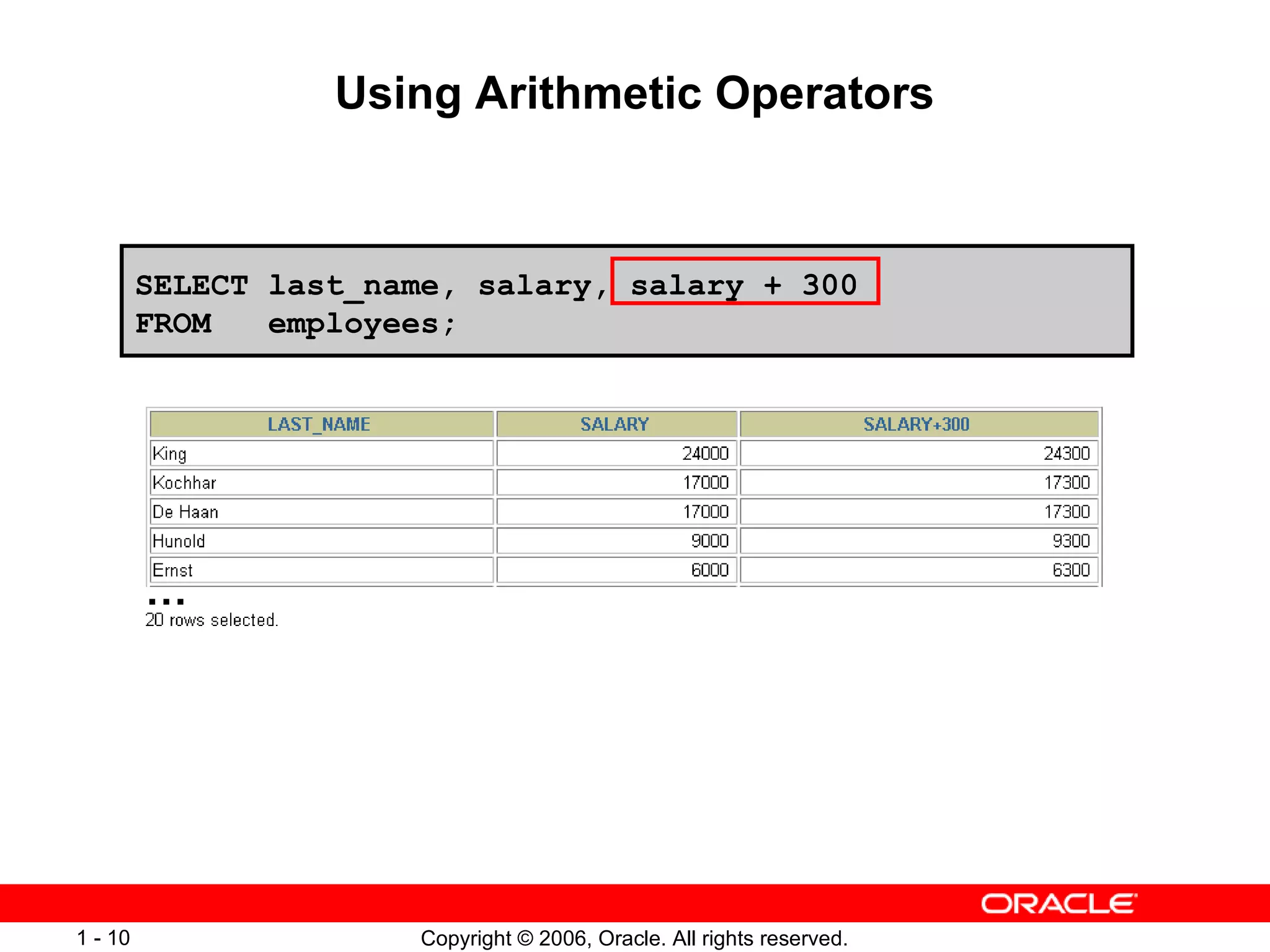 Using Arithmetic Operators SELECT last_name, salary, salary + 300 FROM  employees; … 