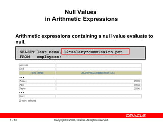 Null Values  in Arithmetic Expressions Arithmetic expressions containing a null value evaluate to null. SELECT last_name, 12*salary*commission_pct FROM  employees; … … 