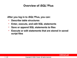 Overview of  i SQL*Plus After you log in to  i SQL*Plus, you can: Describe table structures Enter, execute, and edit SQL statements Save or append SQL statements to files  Execute or edit statements that are stored in saved script files  