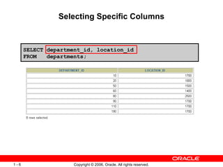 Selecting Specific Columns SELECT department_id, location_id FROM  departments; 