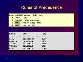 Rules of Precedence ENAME  JOB  SAL ---------- --------- --------- KING  PRESIDENT  5000 MARTIN  SALESMAN  1250 ALLEN  SALESMAN  1600 TURNER  SALESMAN  1500 WARD  SALESMAN  1250 SQL> SELECT ename, job, sal 2  FROM  emp 3  WHERE  job='SALESMAN' 4  OR  job='PRESIDENT' 5  AND  sal>1500; 