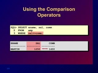Using the Comparison Operators SQL> SELECT ename, sal, comm 2  FROM  emp 3  WHERE  sal<=comm; ENAME  SAL  COMM ---------- --------- --------- MARTIN  1250  1400 