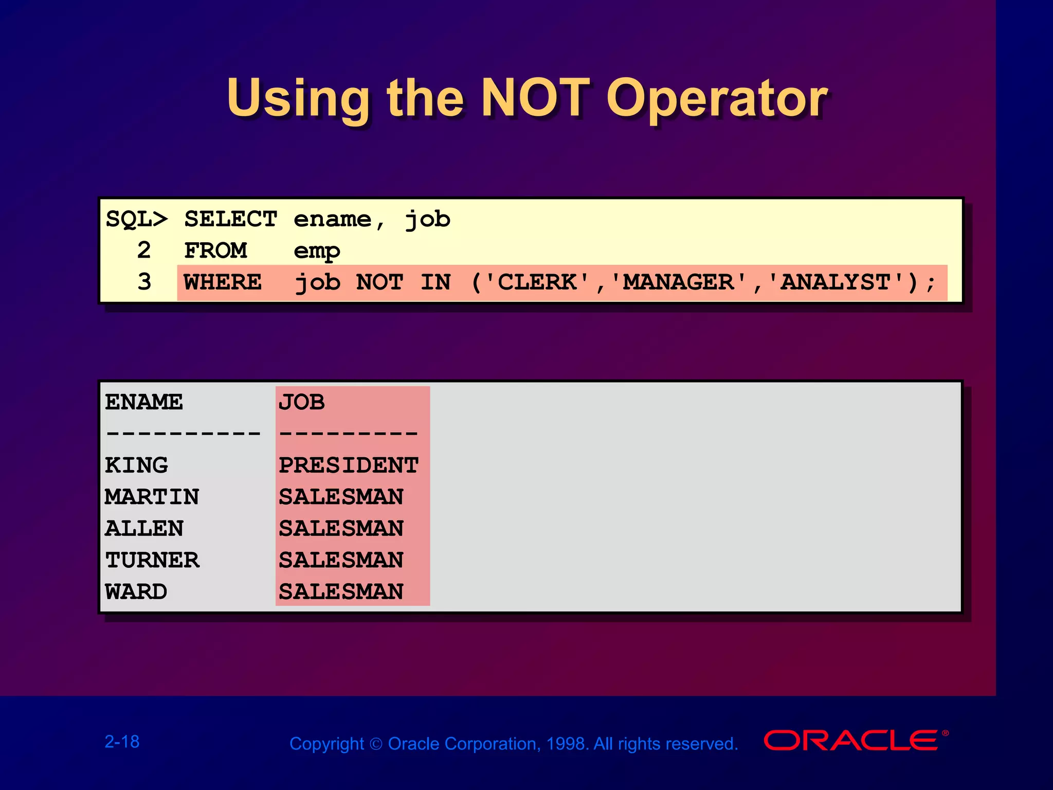 2-18 Copyright  Oracle Corporation, 1998. All rights reserved.
Using the NOT Operator
SQL> SELECT ename, job
2 FROM emp
3 WHERE job NOT IN ('CLERK','MANAGER','ANALYST');
ENAME JOB
---------- ---------
KING PRESIDENT
MARTIN SALESMAN
ALLEN SALESMAN
TURNER SALESMAN
WARD SALESMAN
 
