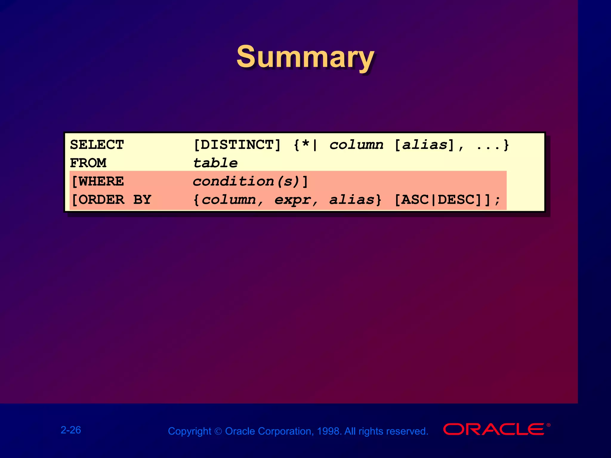 2-26 Copyright  Oracle Corporation, 1998. All rights reserved.
Summary
SELECT [DISTINCT] {*| column [alias], ...}
FROM table
[WHERE condition(s)]
[ORDER BY {column, expr, alias} [ASC|DESC]];
 