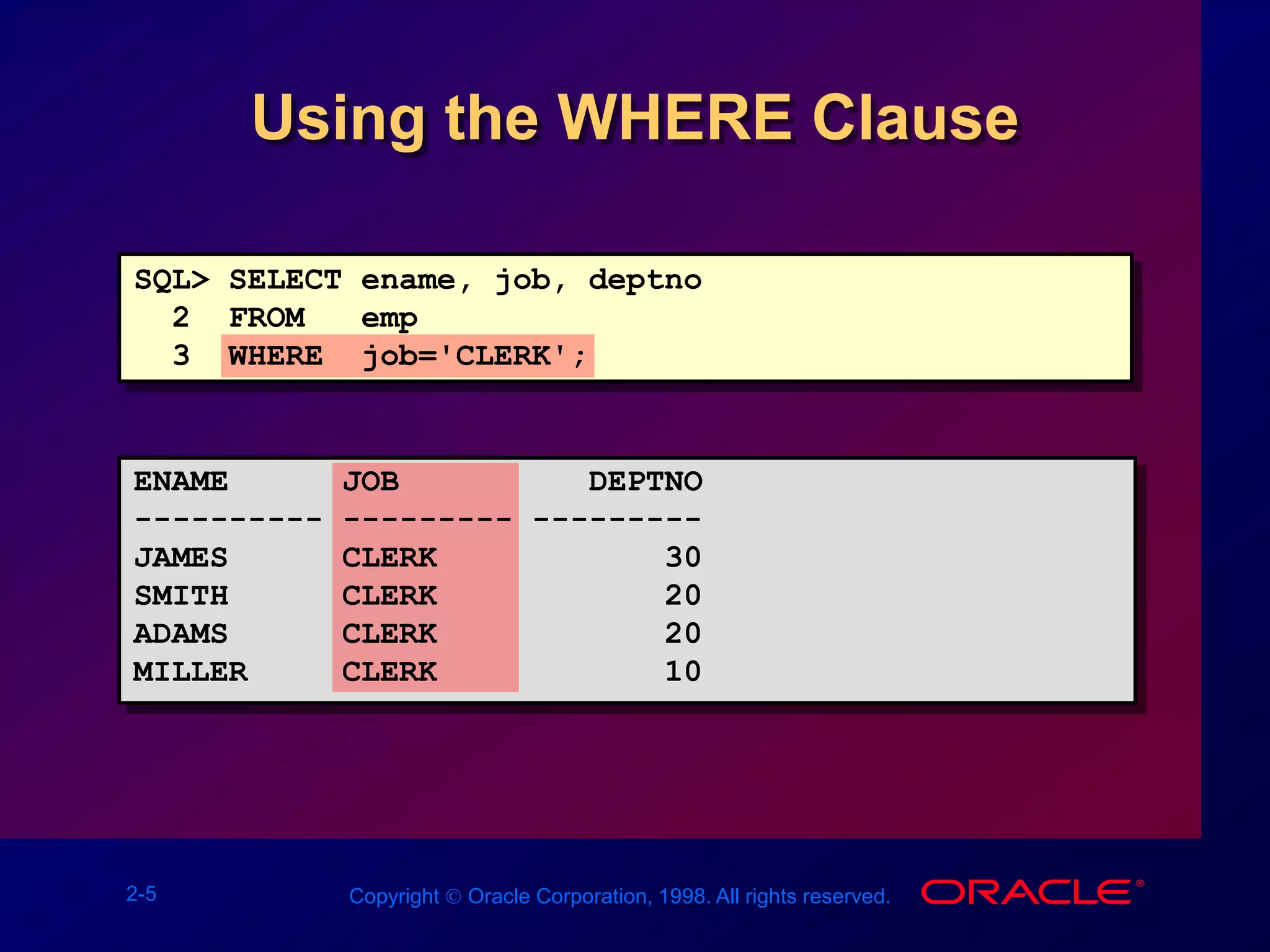 2-5 Copyright  Oracle Corporation, 1998. All rights reserved.
Using the WHERE Clause
SQL> SELECT ename, job, deptno
2 FROM emp
3 WHERE job='CLERK';
ENAME JOB DEPTNO
---------- --------- ---------
JAMES CLERK 30
SMITH CLERK 20
ADAMS CLERK 20
MILLER CLERK 10
 