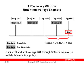 A Recovery Window Retention Policy: Example <ul><li>Backup B and archive logs 201 through 500 are required to satisfy this...