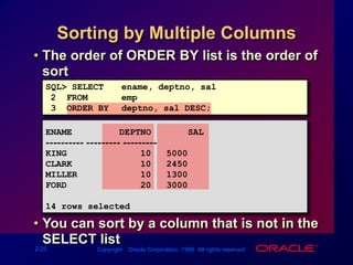 ORDER BY ClauseSort rows with the ORDER BY clauseASC: ascending order, defaultDESC: descending orderThe ORDER BY clause comes last in the SELECT statement.SQL> SELECT   ename, job, deptno, hiredate2  FROM     emp3  ORDER BY hiredate;ENAME      JOB          DEPTNO HIREDATE---------- --------- --------- ---------SMITH      CLERK            2017-DEC-80ALLEN      SALESMAN         3020-FEB-81...14 rows selected.