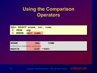 Using the Comparison OperatorsSQL> SELECT ename, sal, comm2  FROM   emp3  WHERE  sal<=comm;ENAME            SAL      COMM---------- --------- ---------MARTIN          12501400