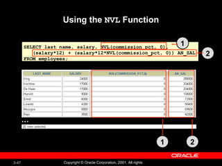 Using the  NVL  Function SELECT last_name, salary, NVL(commission_pct, 0), (salary*12) + (salary*12*NVL(commission_pct, 0)) AN_SAL FROM employees; … 1 2 1 2 