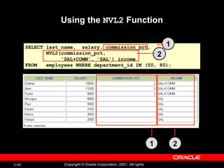 Using the  NVL2  Function SELECT last_name,  salary, commission_pct, NVL2(commission_pct,  'SAL+COMM', 'SAL') income FROM  employees WHERE department_id IN (50, 80); 1 2 1 2 