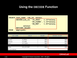 Using the  DECODE  Function SELECT last_name, job_id, salary, DECODE(job_id, 'IT_PROG',  1.10*salary, 'ST_CLERK', 1.15*salary, 'SA_REP',  1.20*salary, salary) REVISED_SALARY FROM  employees; … … 
