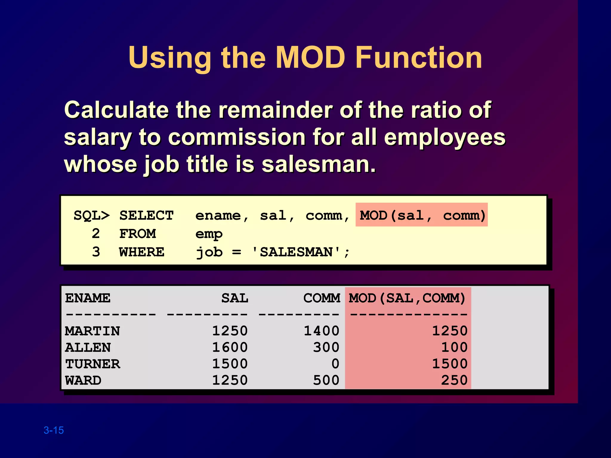 3-15
Using the MOD Function
Calculate the remainder of the ratio ofCalculate the remainder of the ratio of
salary to commission for all employeessalary to commission for all employees
whose job title is salesman.whose job title is salesman.
SQL> SELECT ename, sal, comm, MOD(sal, comm)
2 FROM emp
3 WHERE job = 'SALESMAN';
ENAME SAL COMM MOD(SAL,COMM)
---------- --------- --------- -------------
MARTIN 1250 1400 1250
ALLEN 1600 300 100
TURNER 1500 0 1500
WARD 1250 500 250
 