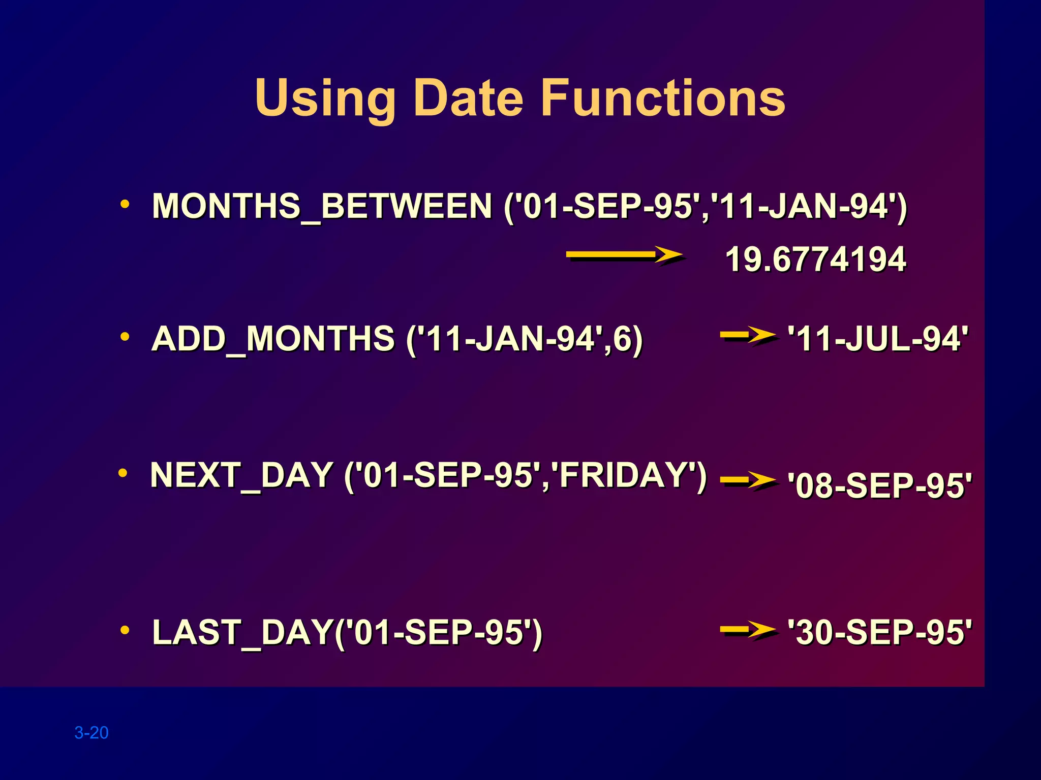 3-20
• MONTHS_BETWEEN ('01-SEP-95','11-JAN-94')MONTHS_BETWEEN ('01-SEP-95','11-JAN-94')
Using Date Functions
• ADD_MONTHS ('11-JAN-94',6)ADD_MONTHS ('11-JAN-94',6)
• NEXT_DAY ('01-SEP-95','FRIDAY')NEXT_DAY ('01-SEP-95','FRIDAY')
• LAST_DAY('01-SEP-95')LAST_DAY('01-SEP-95')
19.677419419.6774194
'11-JUL-94''11-JUL-94'
'08-SEP-95''08-SEP-95'
'30-SEP-95''30-SEP-95'
 