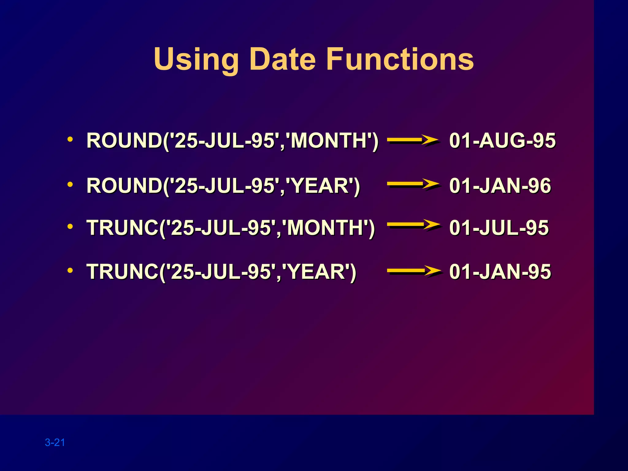 3-21
Using Date Functions
• ROUND('25-JUL-95','MONTH') 01-AUG-95ROUND('25-JUL-95','MONTH') 01-AUG-95
• ROUND('25-JUL-95','YEAR')ROUND('25-JUL-95','YEAR') 01-JAN-9601-JAN-96
• TRUNC('25-JUL-95','MONTH')TRUNC('25-JUL-95','MONTH') 01-JUL-9501-JUL-95
• TRUNC('25-JUL-95','YEAR')TRUNC('25-JUL-95','YEAR') 01-JAN-9501-JAN-95
 