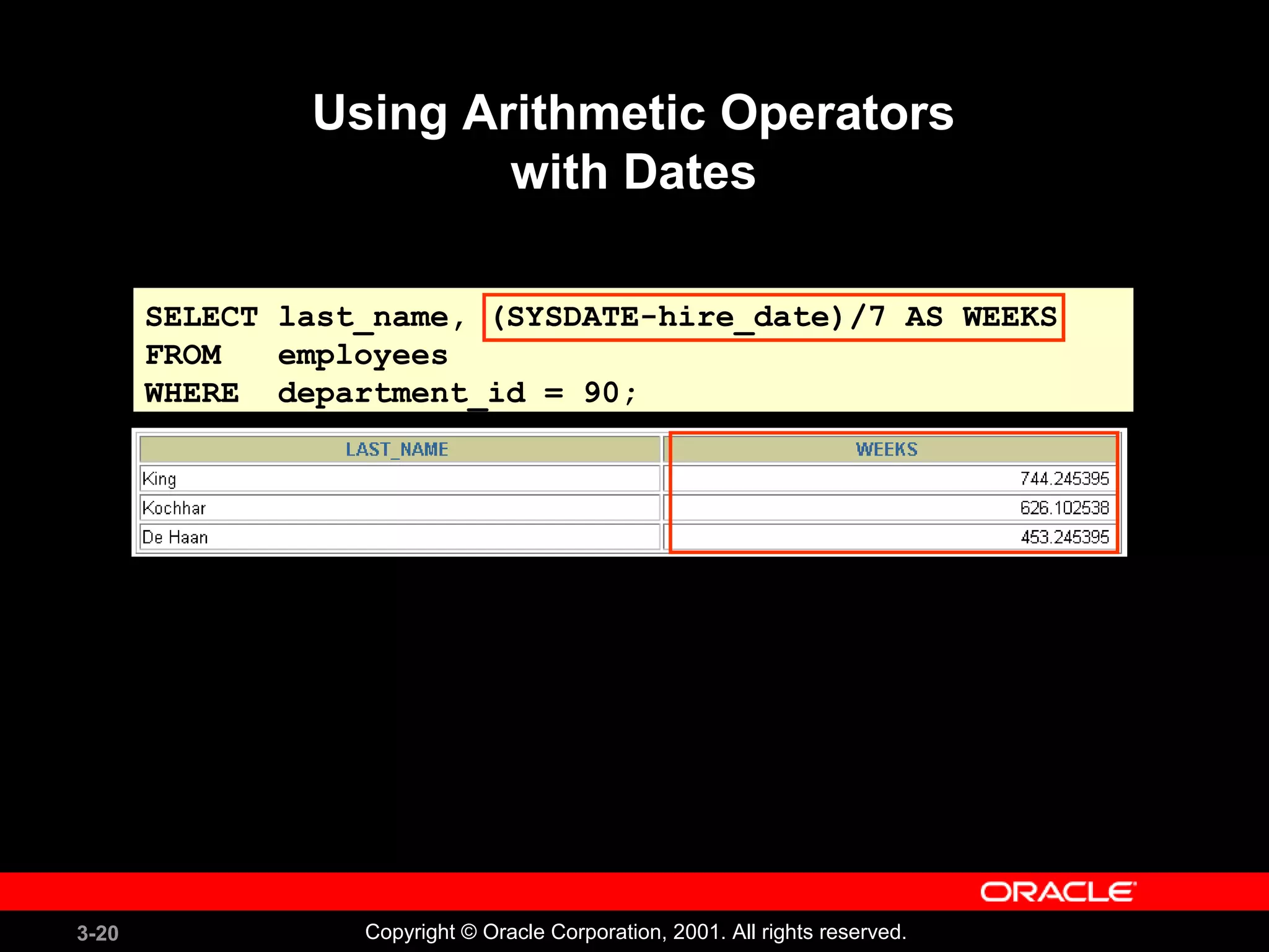 3-20 Copyright © Oracle Corporation, 2001. All rights reserved.
Using Arithmetic Operators
with Dates
SELECT last_name, (SYSDATE-hire_date)/7 AS WEEKS
FROM employees
WHERE department_id = 90;
 