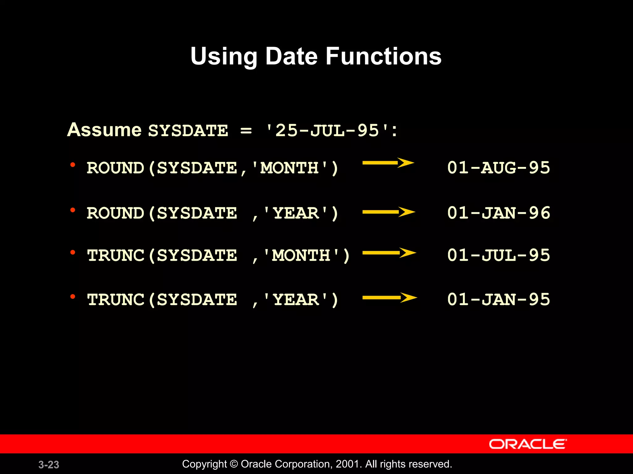 3-23 Copyright © Oracle Corporation, 2001. All rights reserved.
• ROUND(SYSDATE,'MONTH') 01-AUG-95
• ROUND(SYSDATE ,'YEAR') 01-JAN-96
• TRUNC(SYSDATE ,'MONTH') 01-JUL-95
• TRUNC(SYSDATE ,'YEAR') 01-JAN-95
Using Date Functions
Assume SYSDATE = '25-JUL-95':
 
