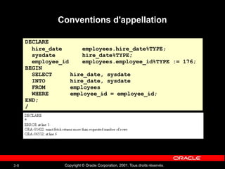 Copyright © Oracle Corporation, 2001. Tous droits réservés.
3-9
Conventions d'appellation
DECLARE
hire_date employees.hire_date%TYPE;
sysdate hire_date%TYPE;
employee_id employees.employee_id%TYPE := 176;
BEGIN
SELECT hire_date, sysdate
INTO hire_date, sysdate
FROM employees
WHERE employee_id = employee_id;
END;
/
 