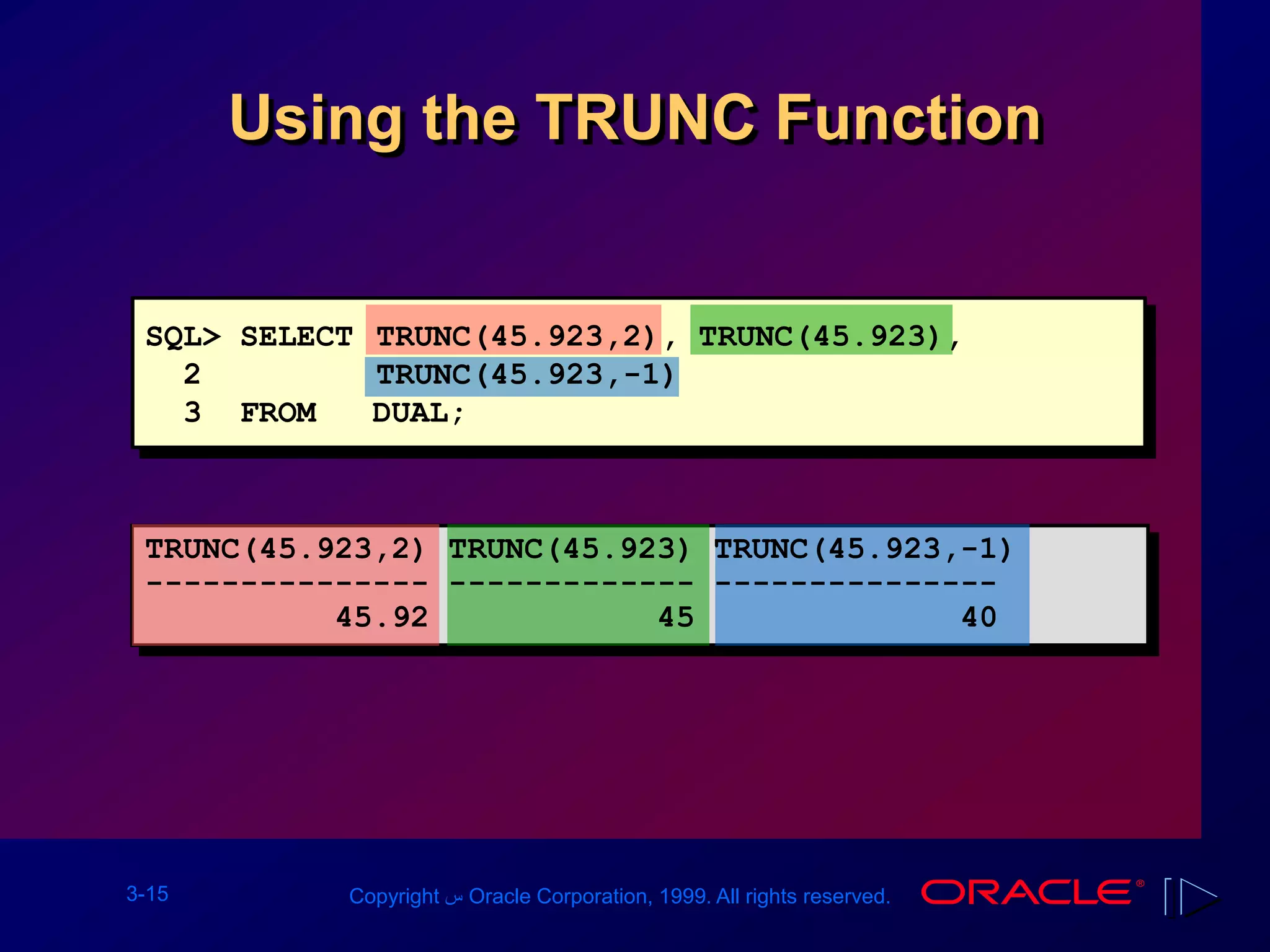 3-15 Copyright ‫س‬ Oracle Corporation, 1999. All rights reserved.
SQL> SELECT TRUNC(45.923,2), TRUNC(45.923),
2 TRUNC(45.923,-1)
3 FROM DUAL;
TRUNC(45.923,2) TRUNC(45.923) TRUNC(45.923,-1)
--------------- ------------- ---------------
45.92 45 40
Using the TRUNC Function
 