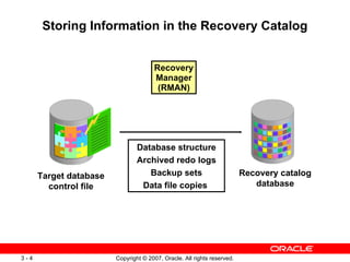 Storing Information in the Recovery Catalog Recovery Manager (RMAN) Recovery catalog database Target database control file Database structure Archived redo logs Backup sets Data file copies  