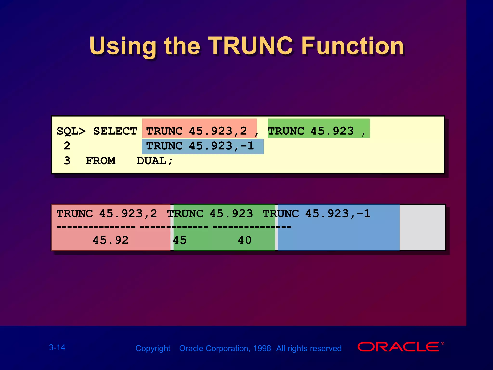 SQL&gt; SELECT TRUNC(45.923,2), TRUNC(45.923),2TRUNC(45.923,-1)3  FROM   DUAL;TRUNC(45.923,2) TRUNC(45.923) TRUNC(45.923,-1)--------------- ------------- ---------------45.924540Using the TRUNC Function