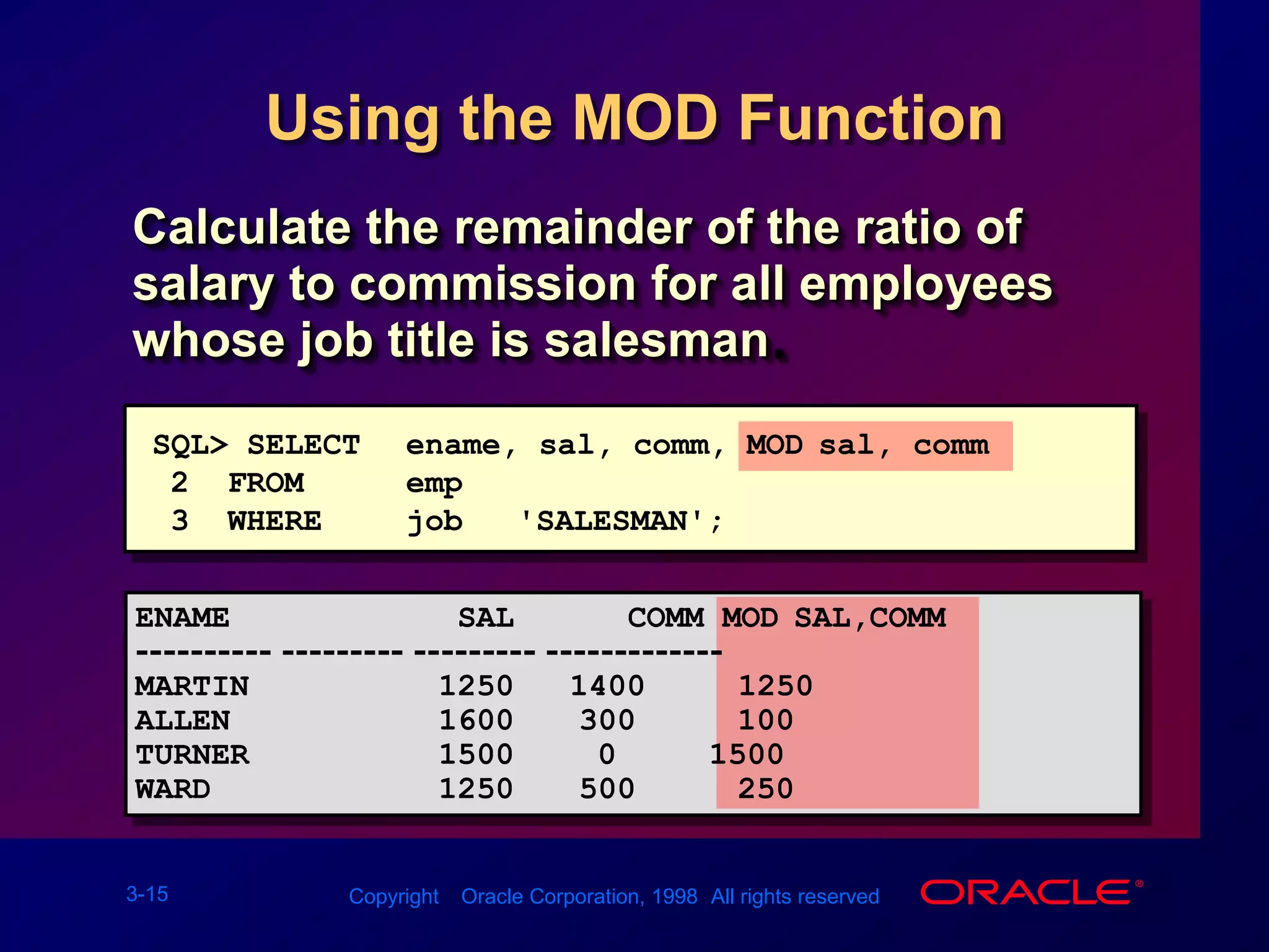 Using the MOD FunctionCalculate the remainder of the ratio of salary to commission for all employees whose job title is salesman.SQL&gt; SELECTename, sal, comm, MOD(sal, comm)2  FROMemp3  WHEREjob = &apos;SALESMAN&apos;;ENAME            SAL      COMM MOD(SAL,COMM)---------- --------- --------- -------------MARTIN          125014001250ALLEN           1600300100TURNER          150001500WARD            1250500250