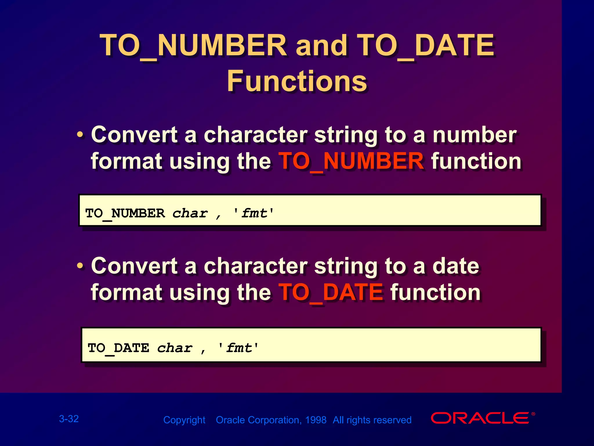 Number suffixes spell out numbers.Using TO_CHAR Function         with DatesSQL&gt; SELECTename, 2TO_CHAR(hiredate, &apos;fmDD Month YYYY&apos;) HIREDATE3  FROM  emp;ENAME      HIREDATE---------- -----------------KING       17 November 1981BLAKE      1 May 1981CLARK      9 June 1981JONES      2 April 1981MARTIN     28 September 1981ALLEN      20 February 1981...14 rows selected.