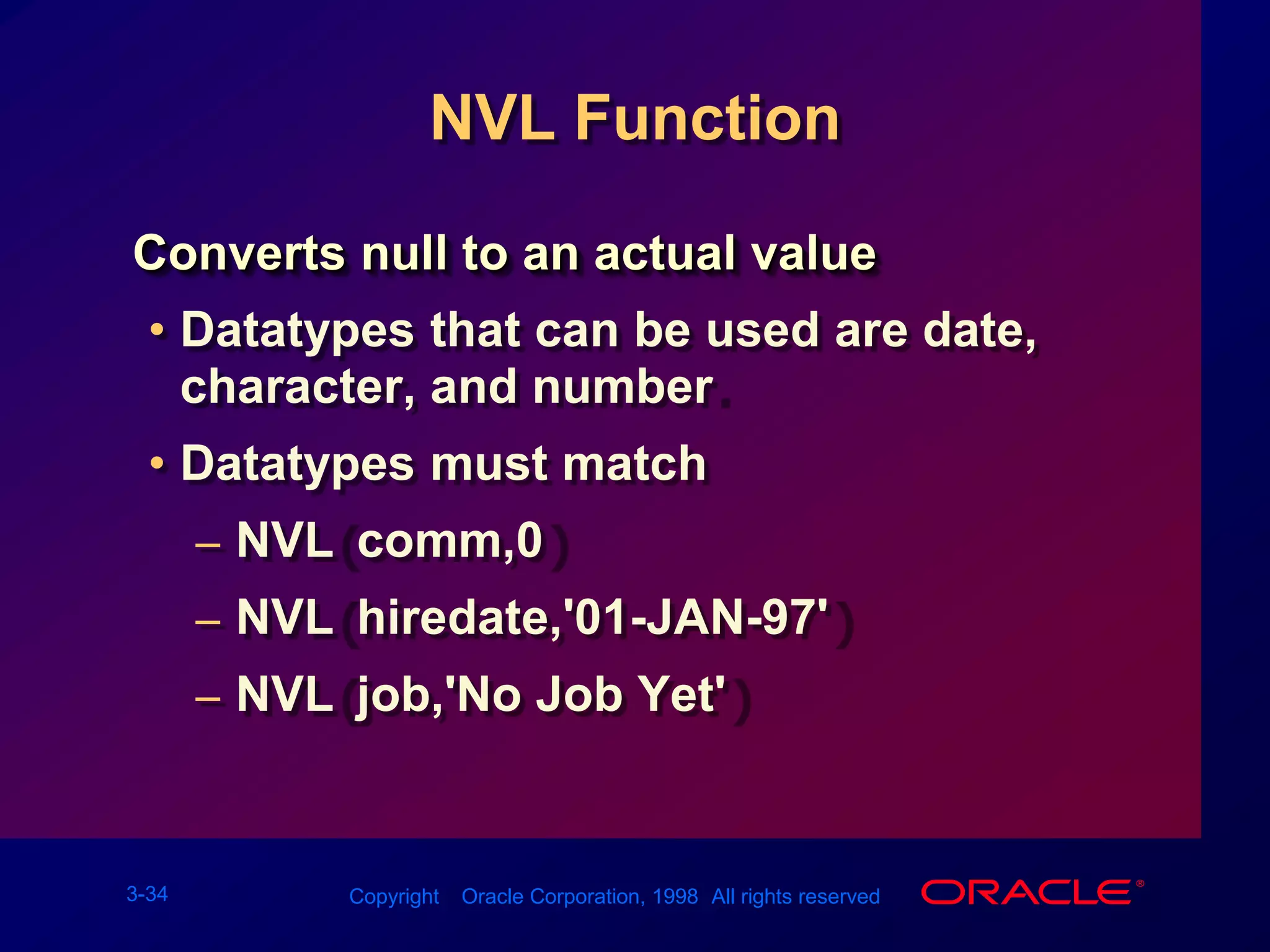 Using TO_CHAR Function         with NumbersSQL&gt; SELECTTO_CHAR(sal,&apos;$99,999&apos;) SALARY2  FROMemp3  WHEREename = &apos;SCOTT&apos;;SALARY--------$3,000