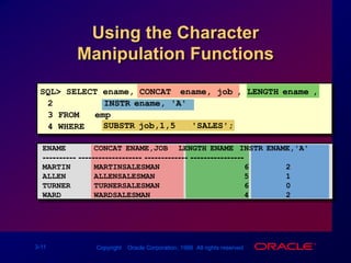 Using the Character Manipulation FunctionsSQL> SELECT ename, CONCAT (ename, job), LENGTH(ename),2INSTR(ename, 'A')3 FROM   emp4 WHERESUBSTR(job,1,5) = 'SALES';ENAME      CONCAT(ENAME,JOB)   LENGTH(ENAME) INSTR(ENAME,'A')---------- ------------------- ------------- ----------------MARTIN     MARTINSALESMAN                  62ALLEN      ALLENSALESMAN                   51TURNER     TURNERSALESMAN                  60WARD       WARDSALESMAN                    42