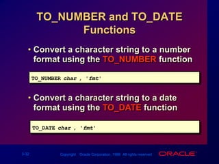 Number suffixes spell out numbers.Using TO_CHAR Function         with DatesSQL> SELECTename, 2TO_CHAR(hiredate, 'fmDD Month YYYY') HIREDATE3  FROM  emp;ENAME      HIREDATE---------- -----------------KING       17 November 1981BLAKE      1 May 1981CLARK      9 June 1981JONES      2 April 1981MARTIN     28 September 1981ALLEN      20 February 1981...14 rows selected.