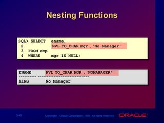 Using the DECODE FunctionSQL> SELECT job, sal,2         DECODE(job, 'ANALYST',  SAL*1.1,3                     'CLERK',   SAL*1.15,4                     'MANAGER', SAL*1.20,5                                SAL)6                REVISED_SALARY7  FROM   emp;JOB             SAL REVISED_SALARY--------- --------- --------------PRESIDENT      50005000MANAGER        28503420MANAGER        24502940...14 rows selected.