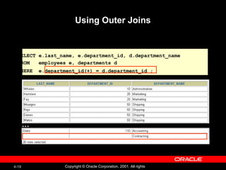 Using Outer Joins SELECT e.last_name, e.department_id, d.department_name FROM  employees e, departments d WHERE  e.department_id(+) = d.department_id ;   … 