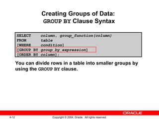 You can divide rows in a table into smaller groups by using the  GROUP   BY  clause. Creating Groups of Data:  GROUP   BY  Clause Syntax SELECT  column ,  group_function(column) FROM  table [WHERE  condition ] [GROUP BY  group_by_expression ] [ORDER BY  column ]; 
