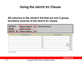 Using the  GROUP   BY  Clause  All columns in the  SELECT  list that are not in group functions must be in the  GROUP   BY  clause. SELECT  department_id, AVG(salary) FROM  employees GROUP BY department_id ; 