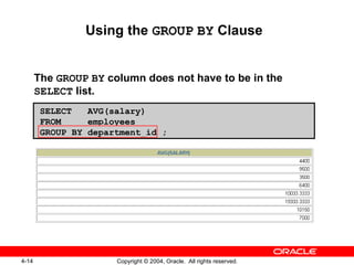 Using the  GROUP   BY  Clause  The  GROUP   BY  column does not have to be in the  SELECT  list. SELECT  AVG(salary) FROM  employees GROUP BY department_id ; 