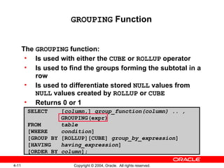 GROUPING  Function The  GROUPING  function:  Is used with either the  CUBE  or  ROLLUP  operator Is used to find the groups forming the subtotal in a row Is used to differentiate stored  NULL  values from  NULL  values created by  ROLLUP  or  CUBE Returns 0 or 1 SELECT  [ column ,]  group_function(column) .. , GROUPING(expr) FROM   table [WHERE  condition ] [GROUP BY [ROLLUP][CUBE]  group_by_expression ] [HAVING  having_expression ] [ORDER BY  column ]; 